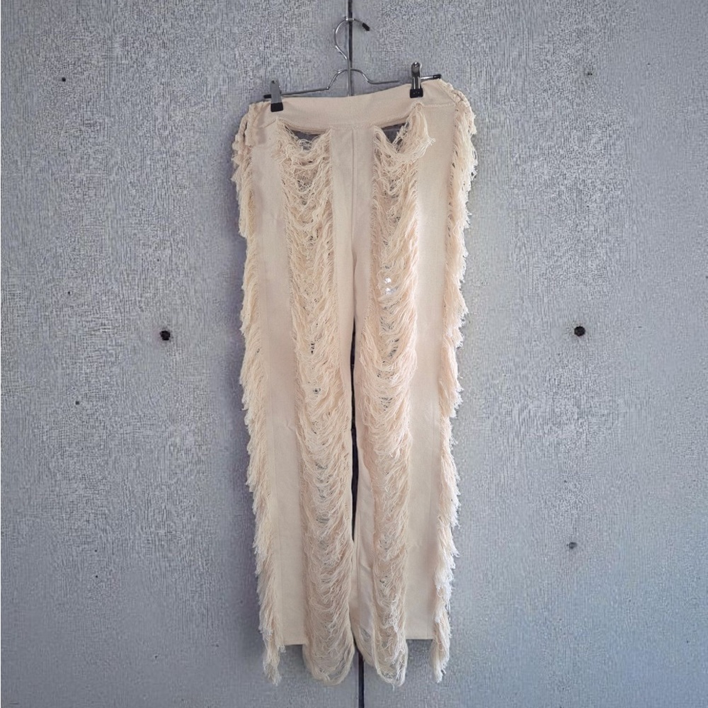 THIFTS AND THREADS Cream Fringe Flare Pants One Size Fits All